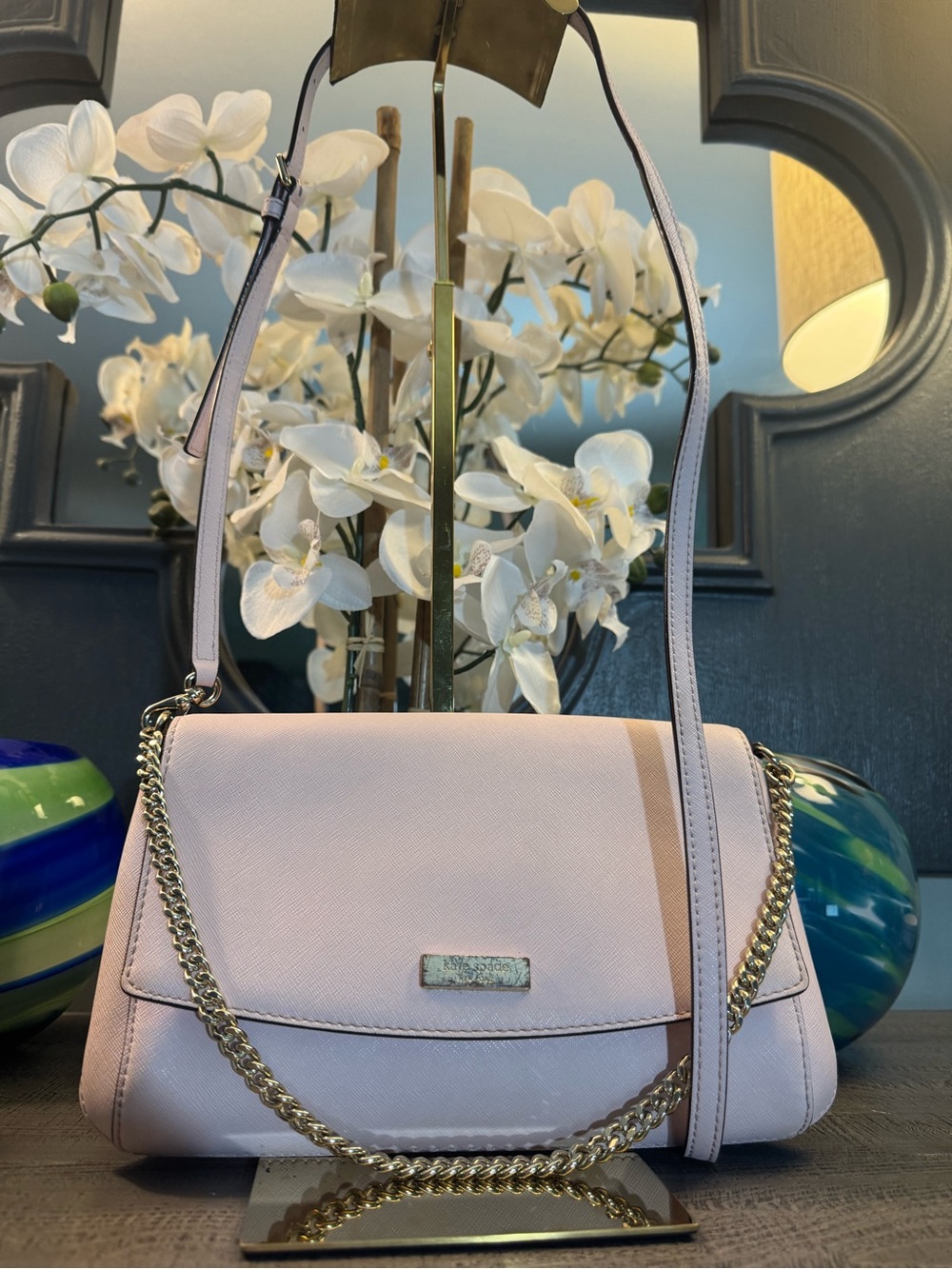 Kate Spade Pale Pink Pebbled Leather Crossbody Bag with Gold Tone Accent Chain